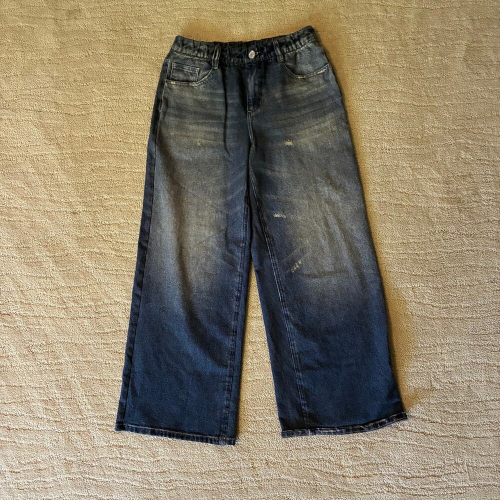 Halara M Petite Mid Rise Denim Print French Terry Casual Sweatpants Jean Pockets
